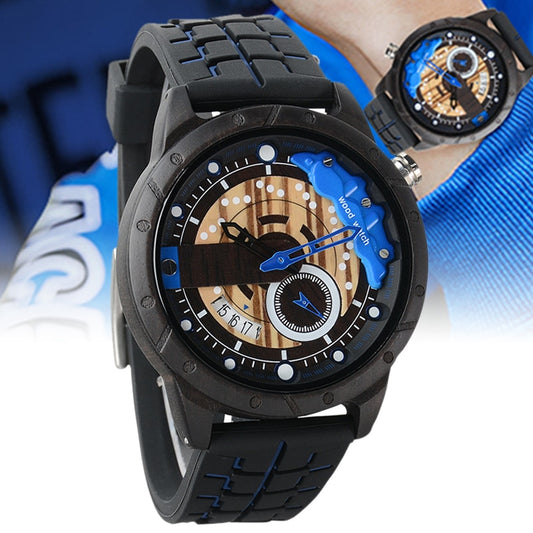 Reloj deportivo De cuarzo para hombre, cronógrafo De Madera con diseño creativo De rueda De carreras, correa De silicona suave, pantalla luminosa, Militar