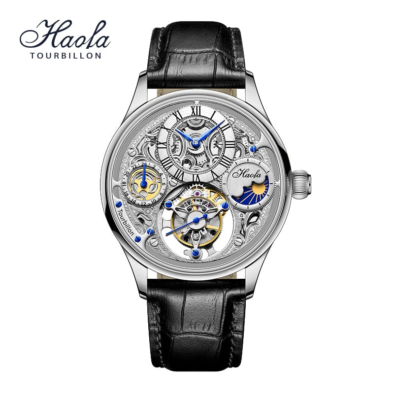 HAOFA-reloj mecánico con movimiento Tourbillon para hombre, cronógrafo con esqueleto Manual, zafiro, GMT Moonphase,