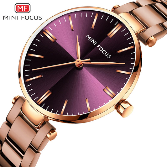 MINIFOUCS-relojes sencillos de acero para mujer, pulsera de cuarzo púrpura, resistente al agua, marca de lujo.