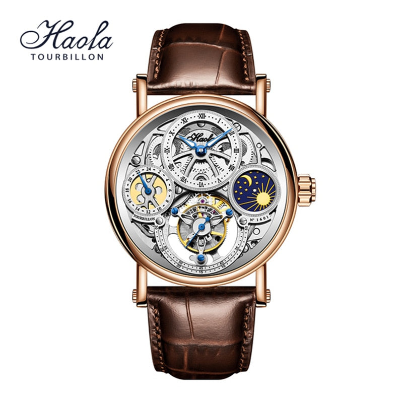 Haofa-Reloj de pulsera con movimiento Tourbillon GMT para hombre, cronógrafo mecánico de zafiro, con carcasa CNC de día y noche, 1601