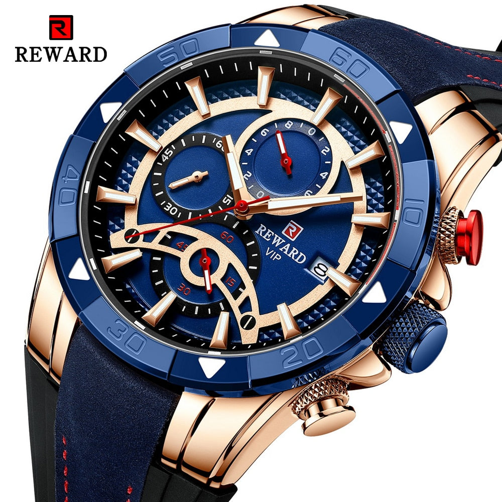 REWARD Fashion Blue Men Watches! ⌚️💦 Marca de lujo con cronógrafo, resistente al agua, y esfera grande. 💙🏆 Reloj de cuarzo deportivo para hombres, ¡novedad de 2023! 🆕👨‍🎤