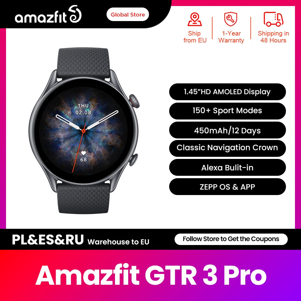 Amazfit GTR 3 Pro! Este elegante reloj inteligente cuenta con una pantalla AMOLED de 1,45 pulgadas, Alexa integrada y GPS con Zepp OS para Android e iOS. ¡Descubre todas sus funciones avanzadas y mantente conectado en estilo! ⌚️🚀📱